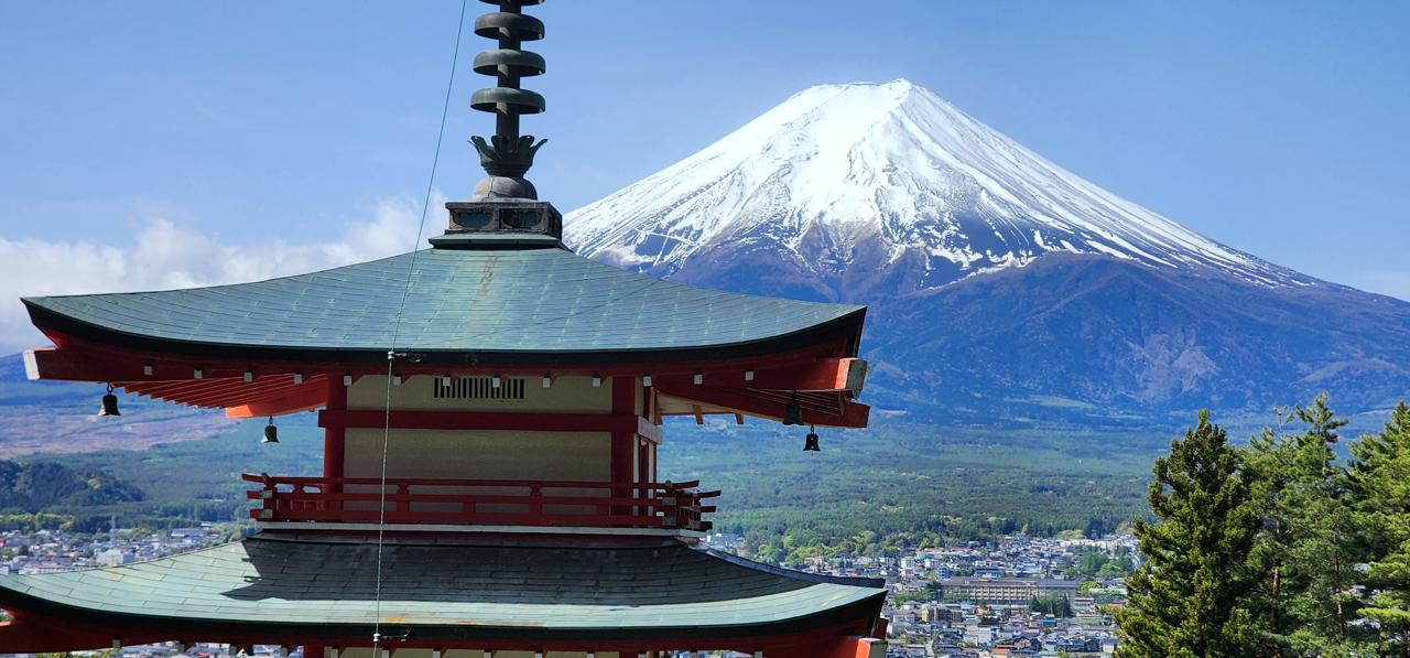 Chureito Pagoda with snow-capped Mount Fuji behind, photographed by a guest