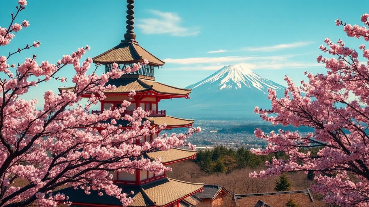 Chureito Pagoda framed by cherry blossoms with Mount Fuji behind