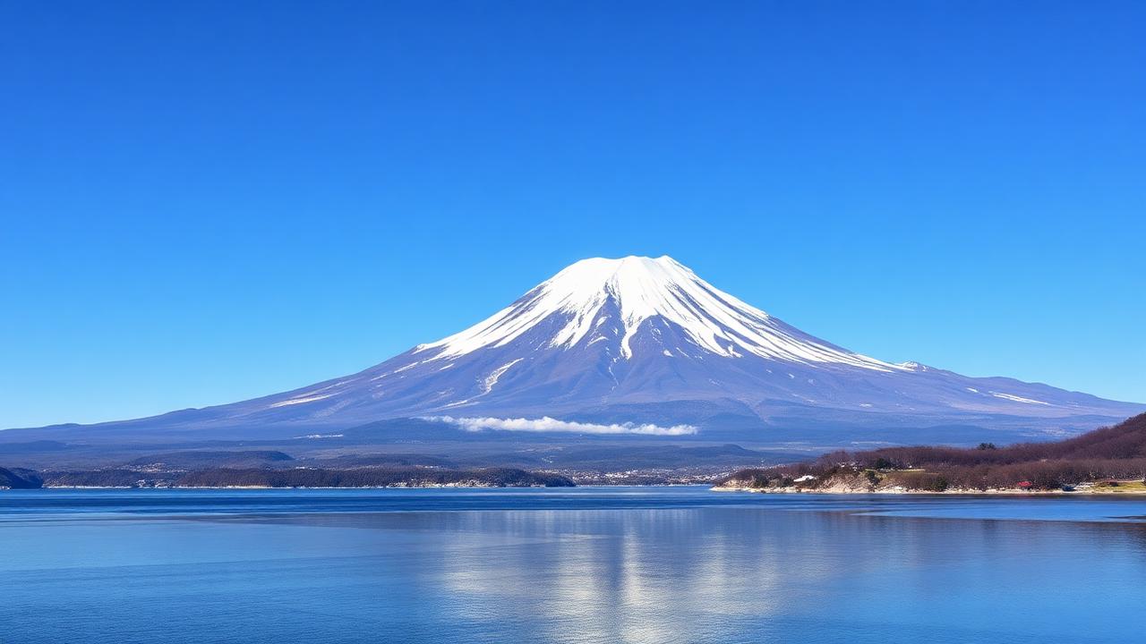 Mount Fuji with a full snow cap under a clear blue winter sky
