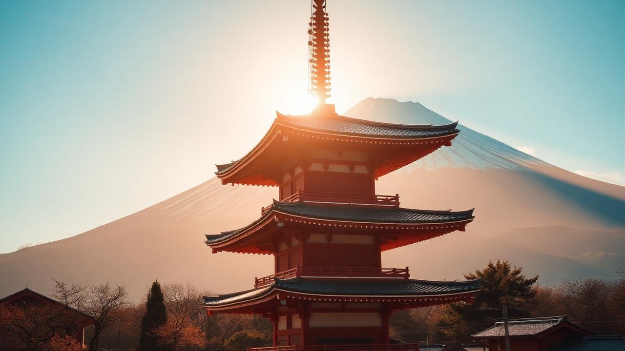 Chureito Pagoda with Mount Fuji behind it in morning light