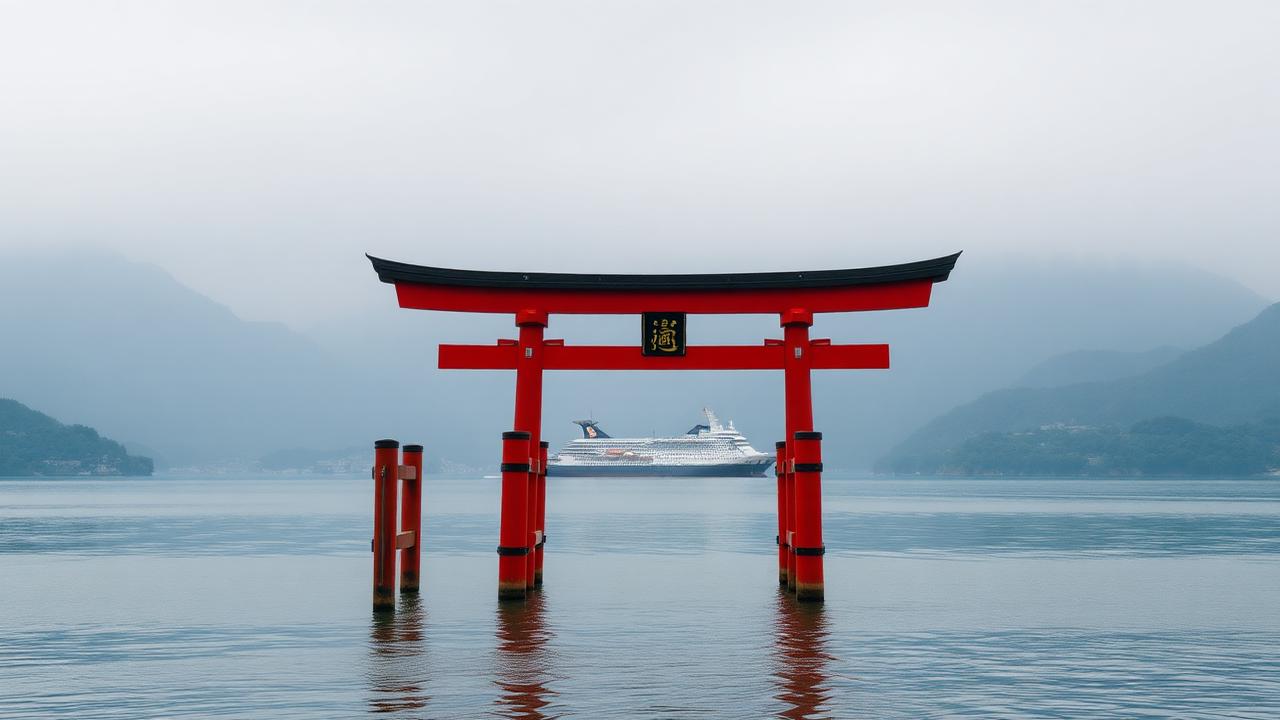 Red torii gate of Hakone Shrine standing in Lake Ashi