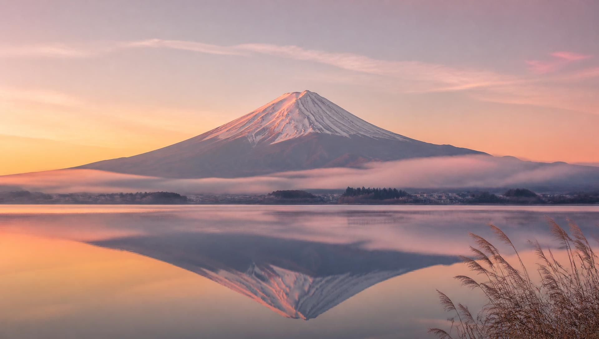 Mount Fuji reflected in a still lake at sunrise