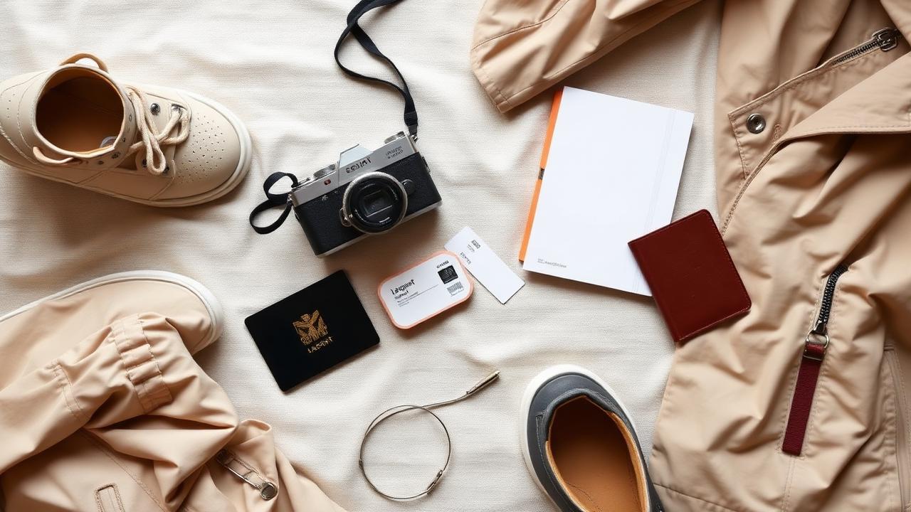 Flat lay of travel essentials: camera, passport, shoes, jacket and transit card