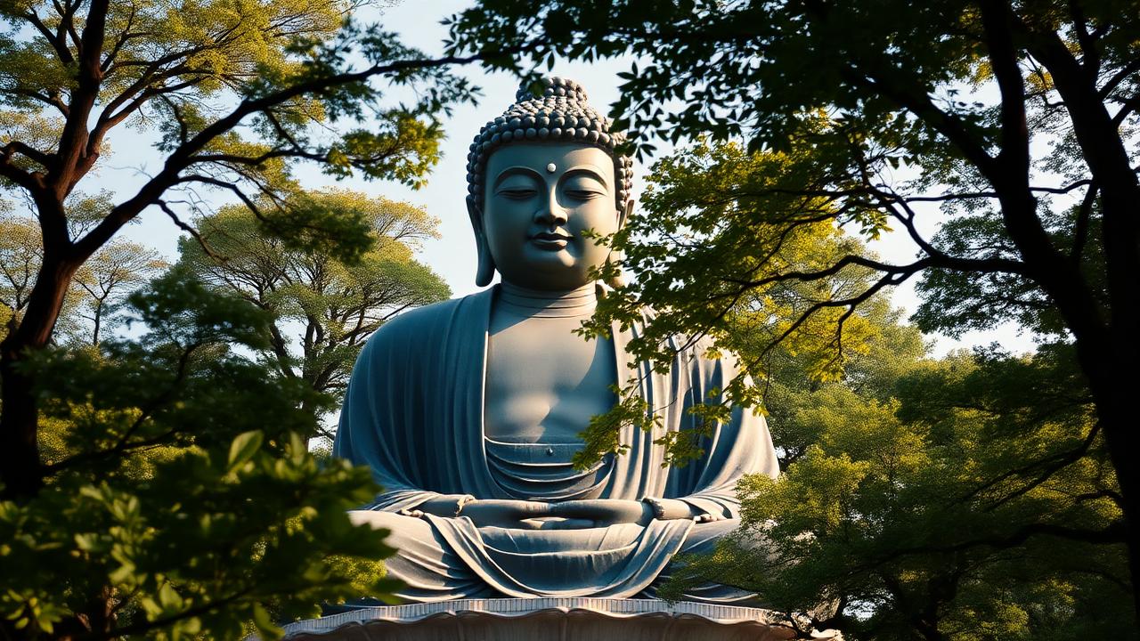 The Great Buddha of Kamakura surrounded by green trees