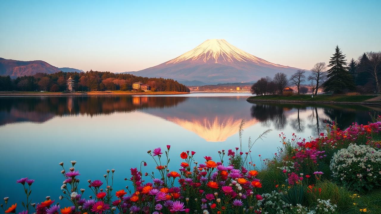Mount Fuji reflected in Lake Kawaguchi with seasonal flowers at Oishi Park