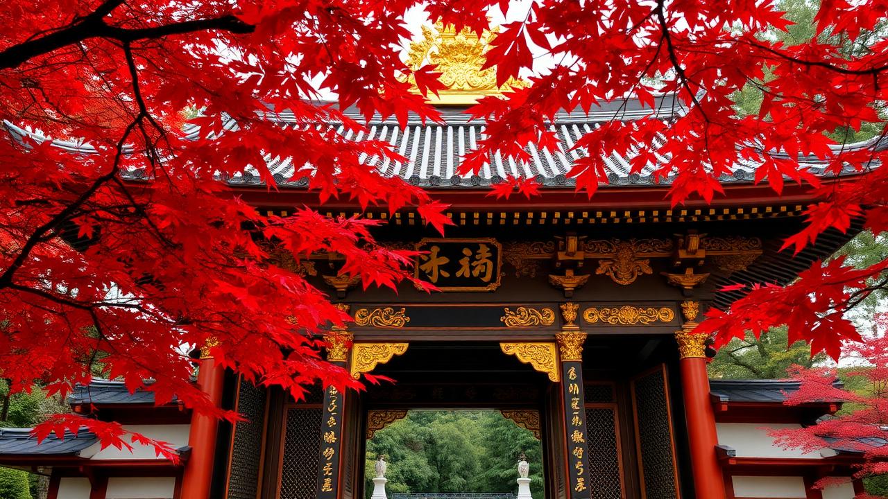 Ornate golden gate of Nikko Toshogu Shrine framed by red autumn maples