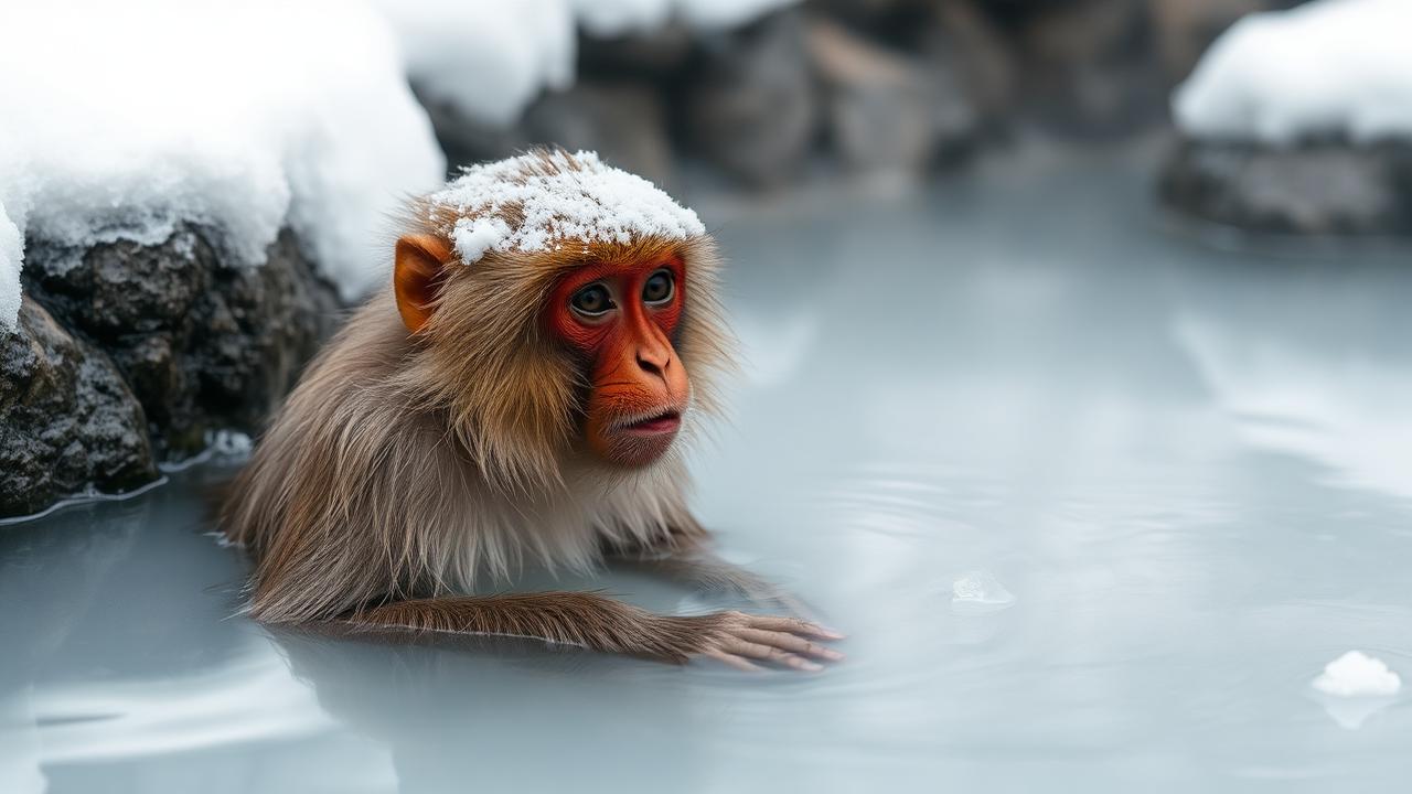 A Japanese macaque bathing in a steaming hot spring with snow on its head