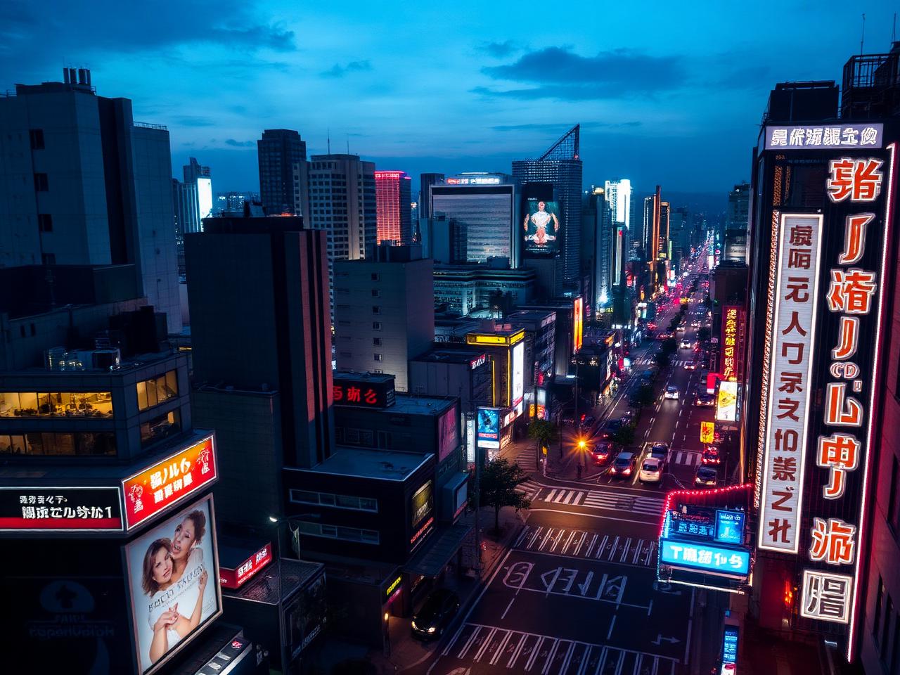 Tokyo streets glowing with neon signs at blue hour