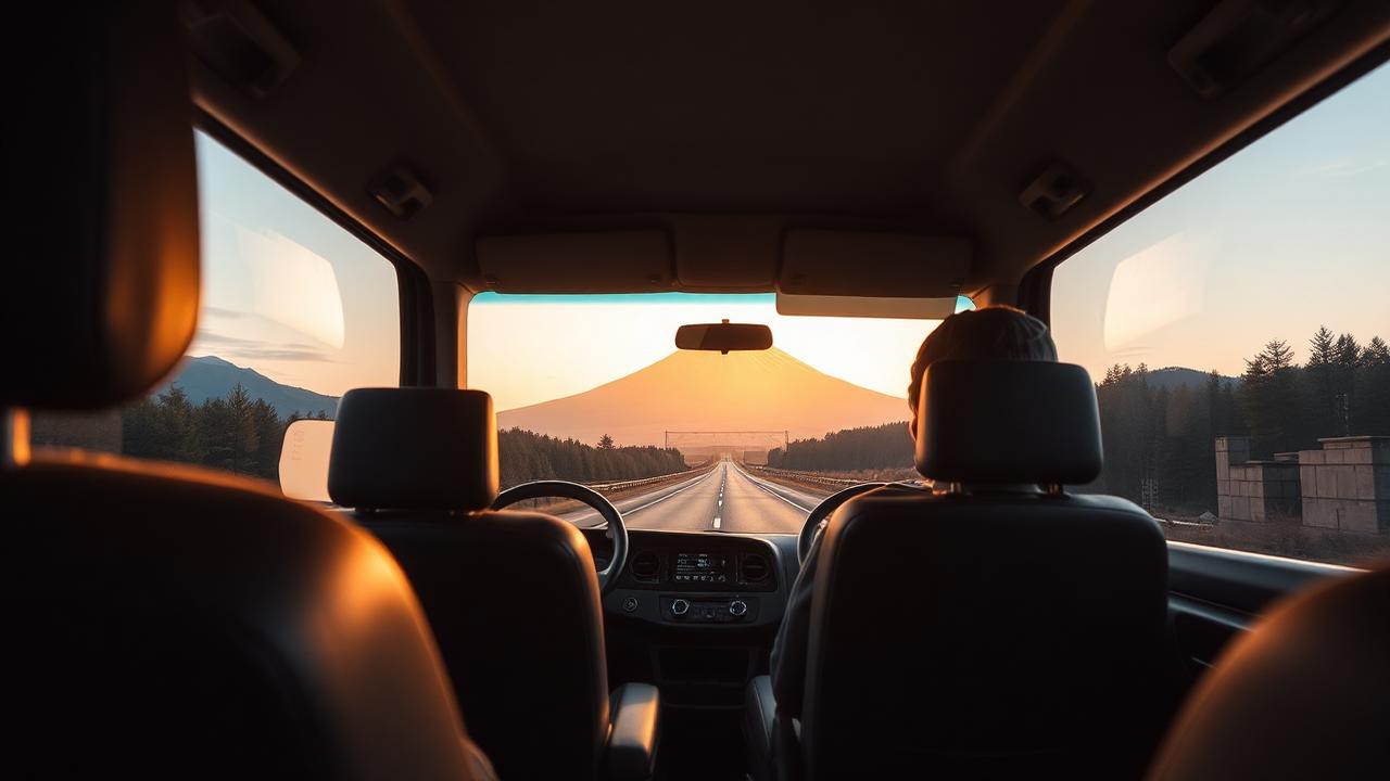 A car on a Japanese highway driving toward Mount Fuji at golden hour